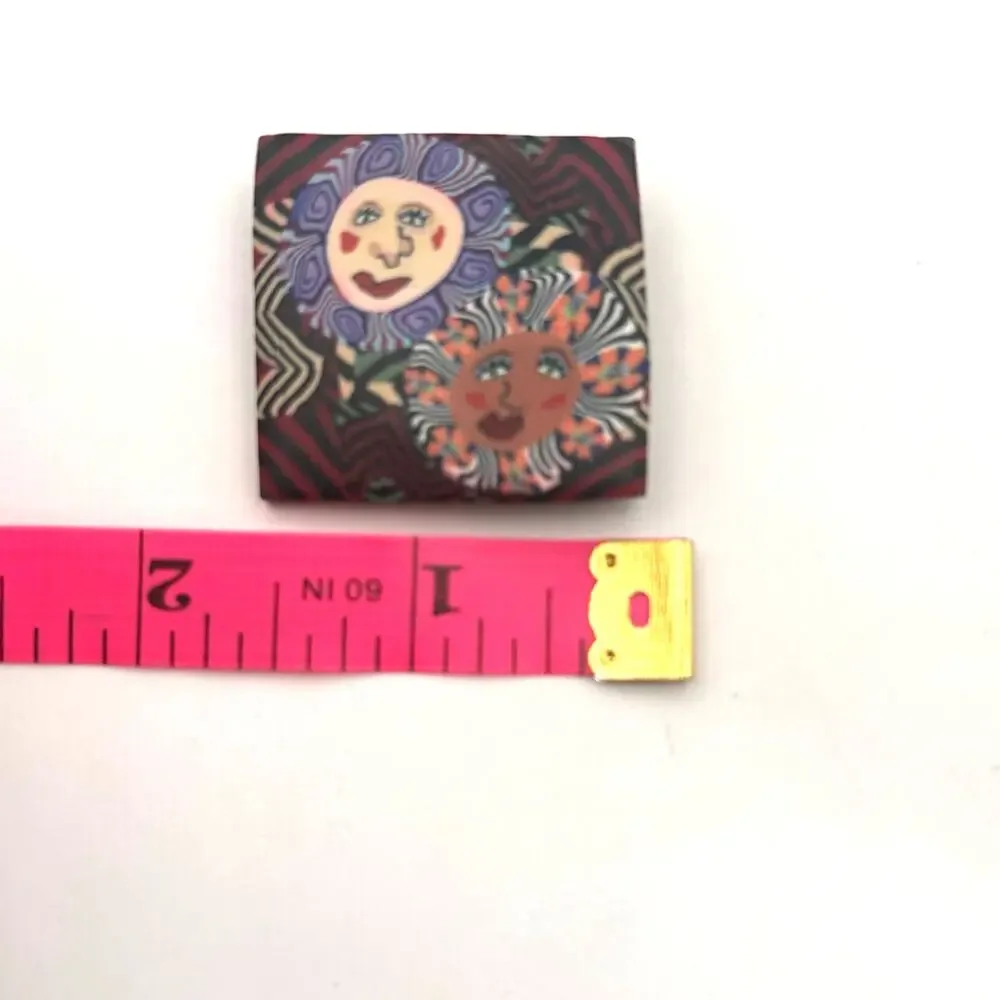 Celestial Painted Wood Pin Square Brooch Sun Flower Face Artisan Artsy Vintage